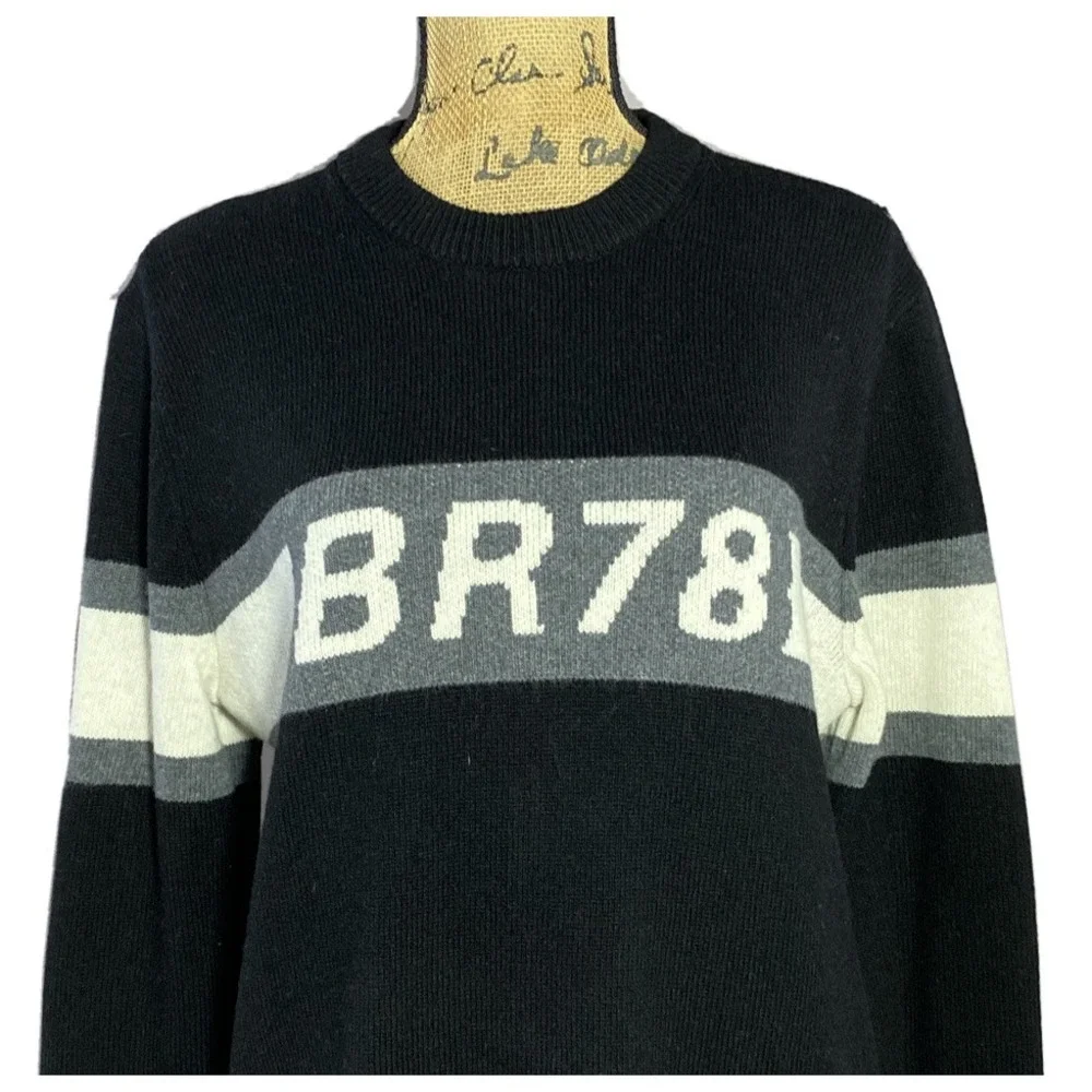 Banana Republic Sweater MED Black Gray Ivory Chest Graphic BR78 Recycled‎ Wool